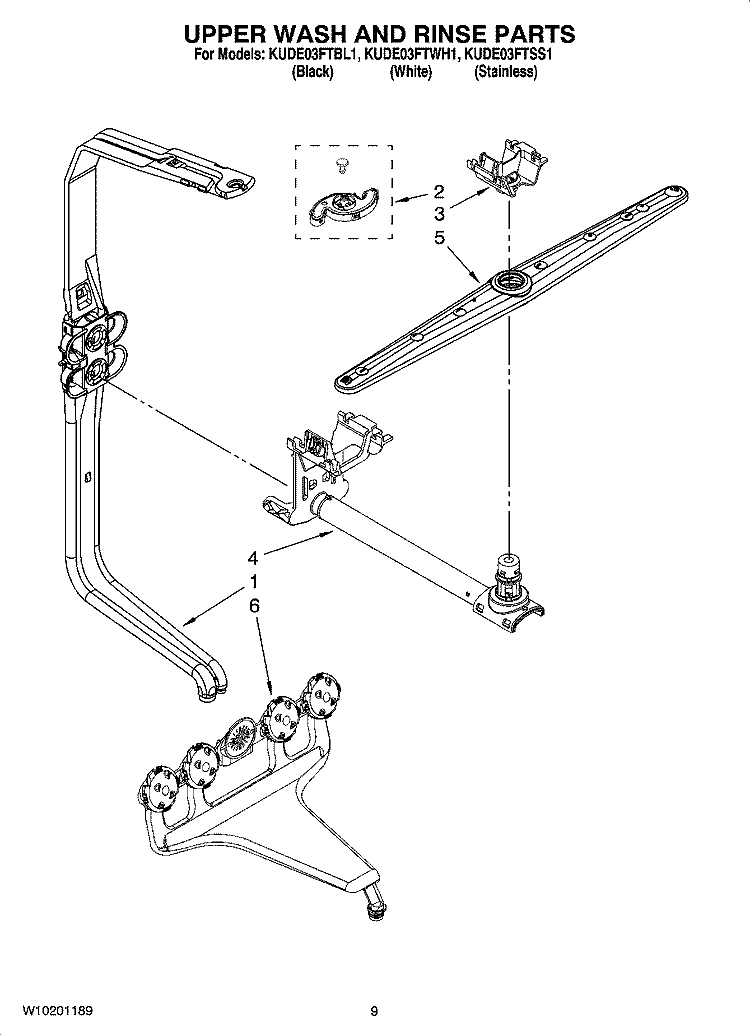 UPPER WASH AND RINSE PARTS Diagram and Parts List for KUDE03FTBL1  KitchenAid Dishwasher