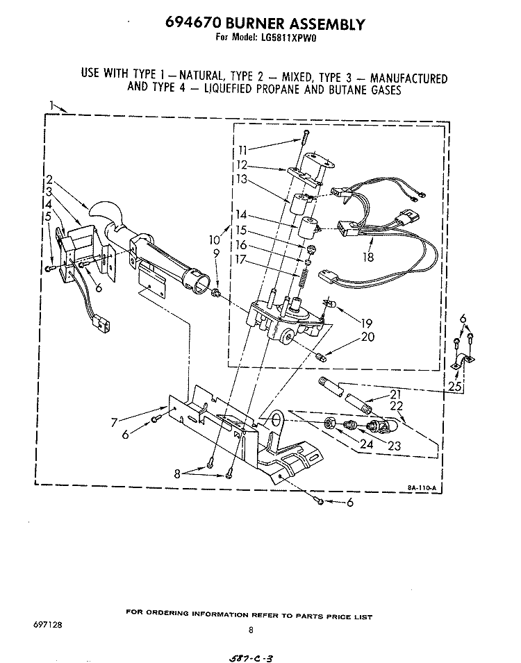 694670 BURNER Diagram and Parts List for LG5811XPW0  Whirlpool Dryer