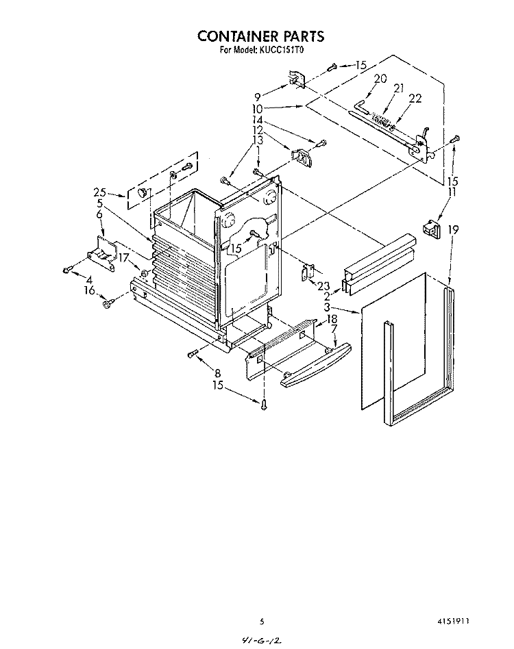 CONTAINER Diagram and Parts List for KUCC151T0  KitchenAid Trash Compactor
