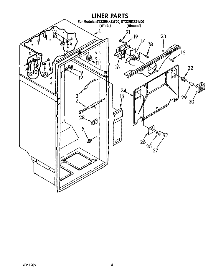 LINER Diagram and Parts List for ET22RKXZW00  Whirlpool Refrigerator