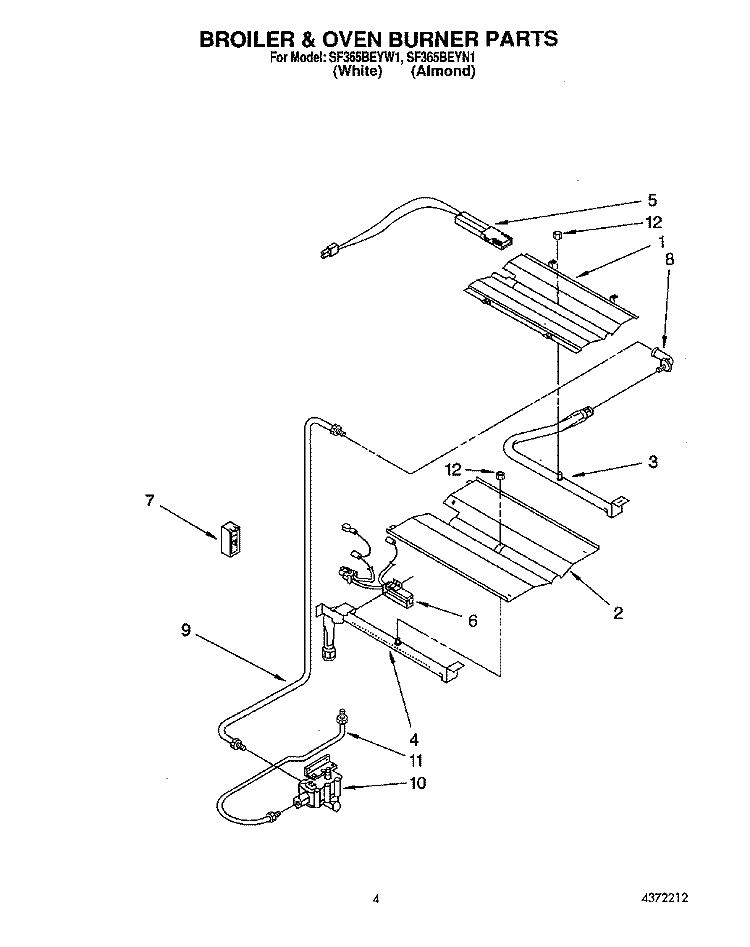 BROILER AND OVEN BURNER Diagram and Parts List for SF365BEYW1  Whirlpool Range