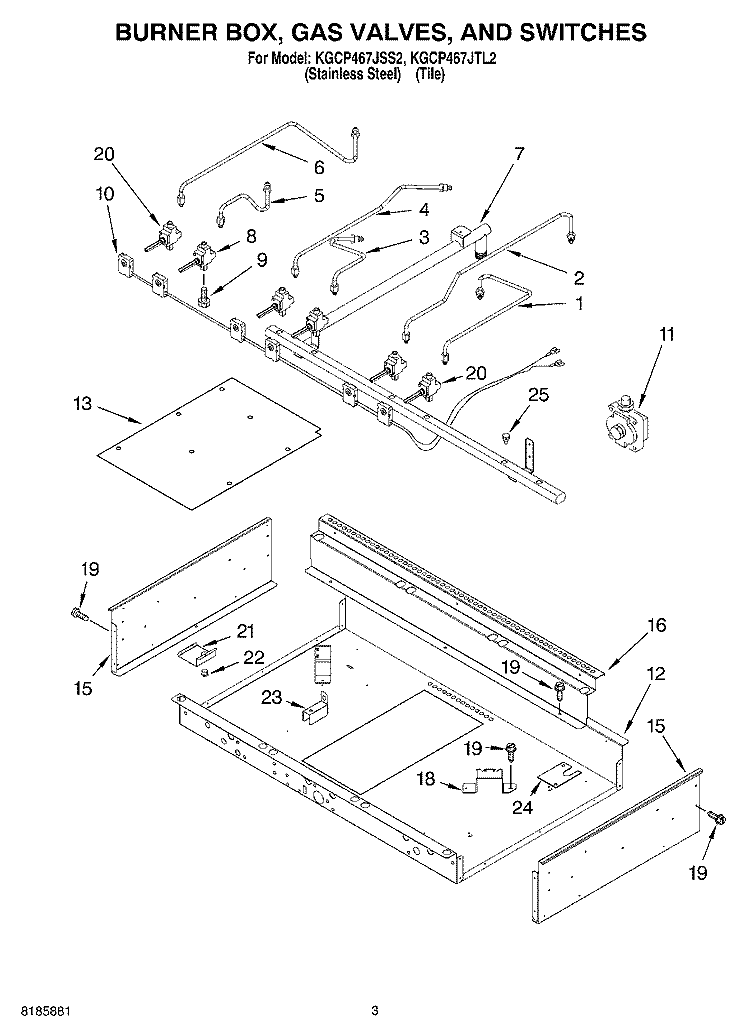 BURNER BOX, GAS VALVES, AND SWITCHES Diagram and Parts List for KGCP467JTL2  KitchenAid Cooktop