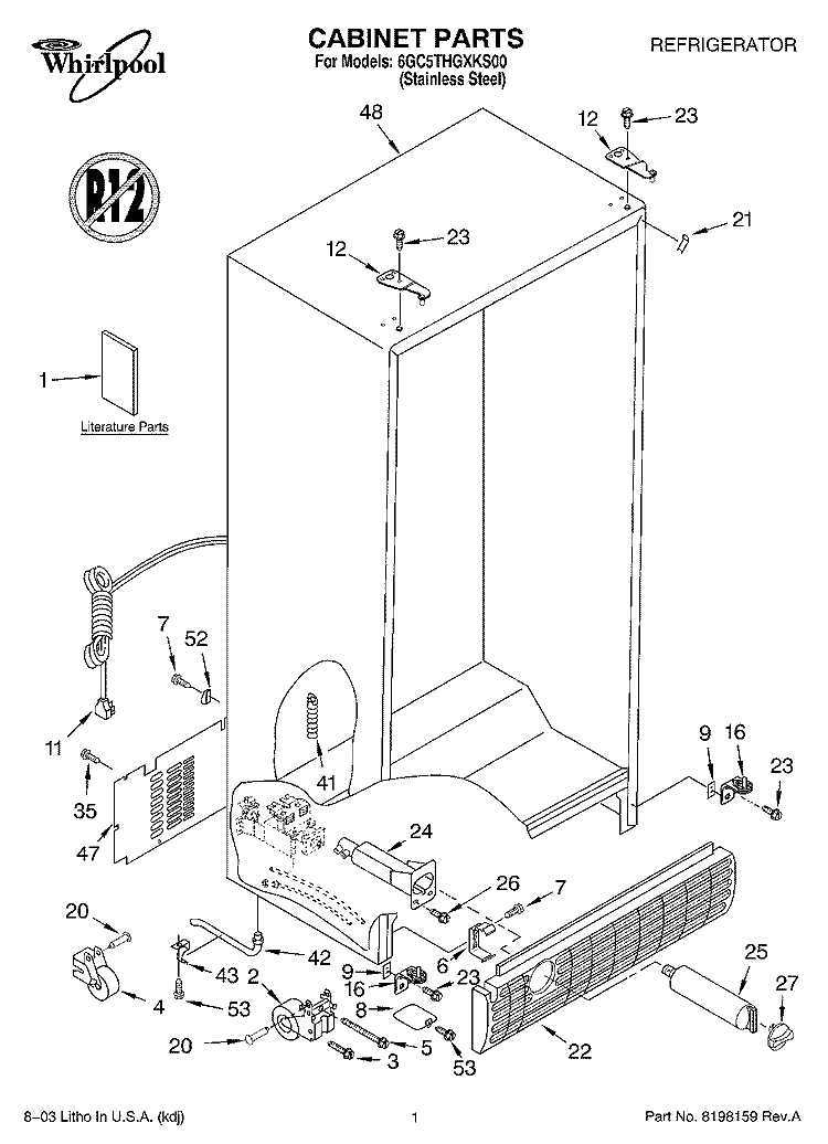 CABINET PARTS Diagram and Parts List for 6GC5THGXKS00  Whirlpool Refrigerator