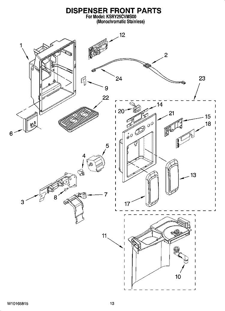 DISPENSER FRONT PARTS Diagram and Parts List for KSRY25CVMS00  KitchenAid Refrigerator