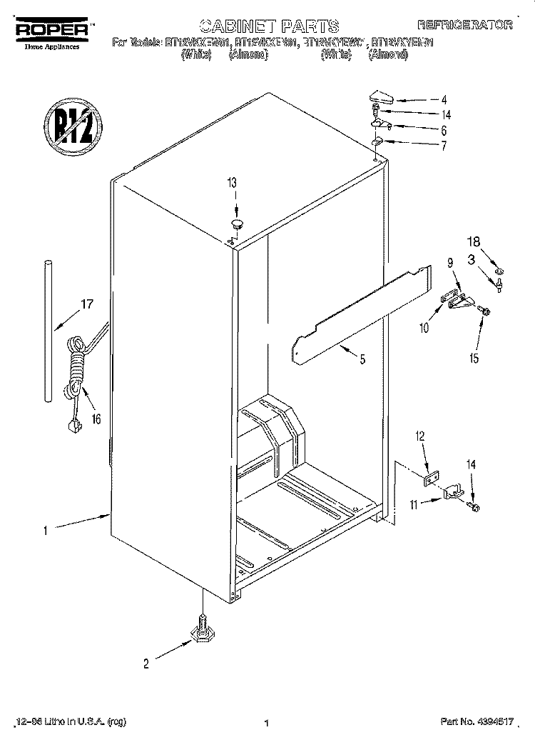 CABINET Diagram and Parts List for RT12VKYEW01  Roper Refrigerator