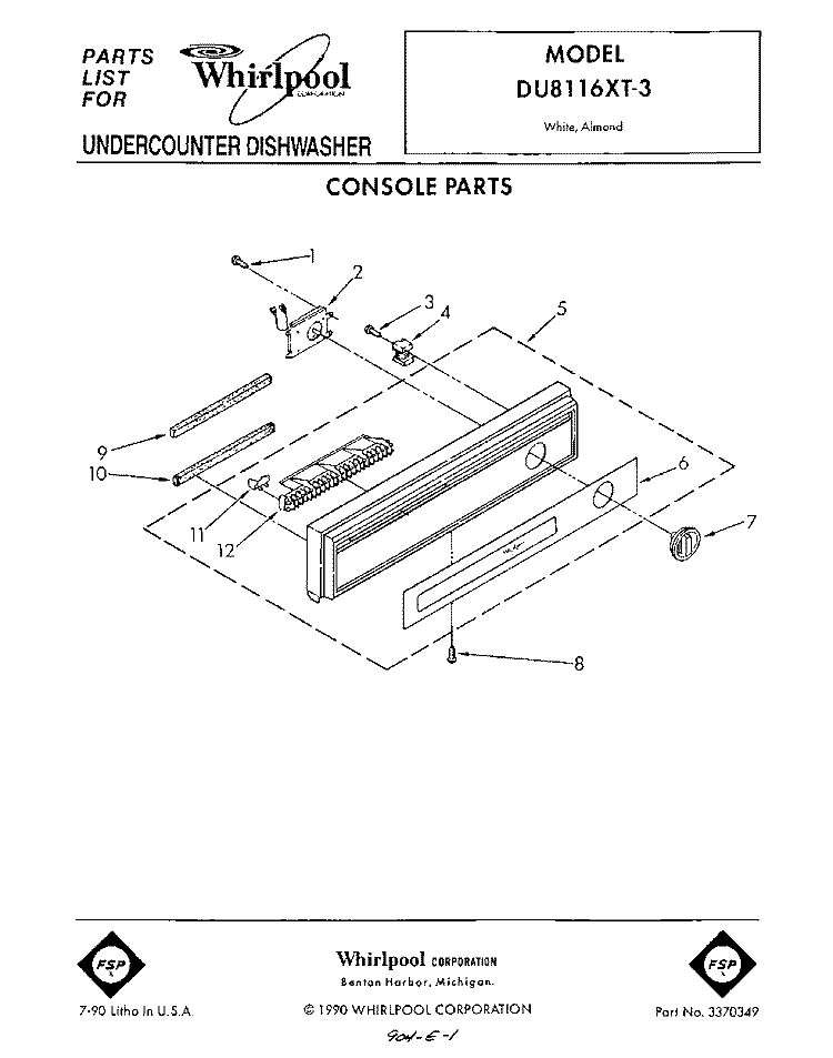 CONSOLE Diagram and Parts List for DU8116XT3  Whirlpool Dishwasher