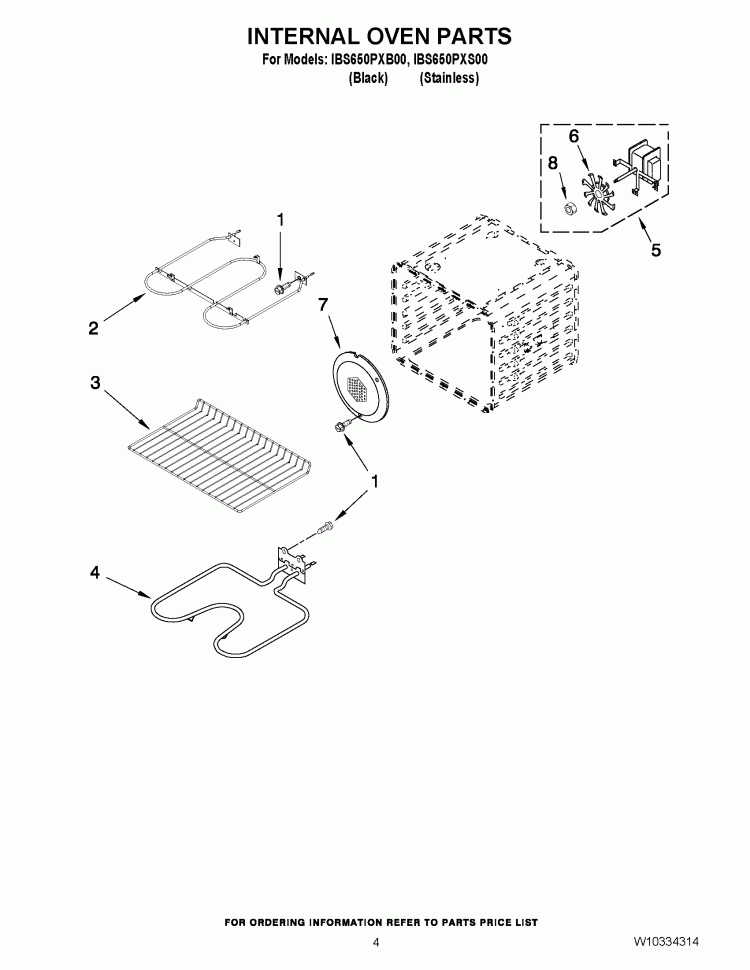 INTERNAL OVEN PARTS Diagram and Parts List for IBS650PXS00  Whirlpool Wall Oven