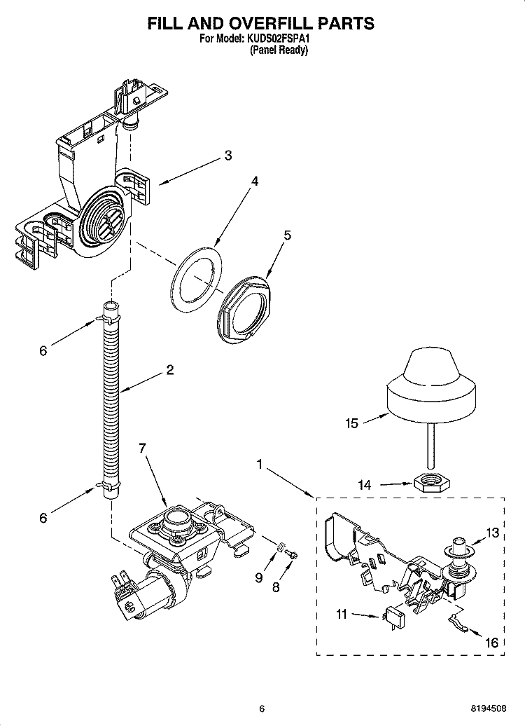 FILL AND OVERFILL PARTS Diagram and Parts List for KUDS02FSPA1  KitchenAid Dishwasher
