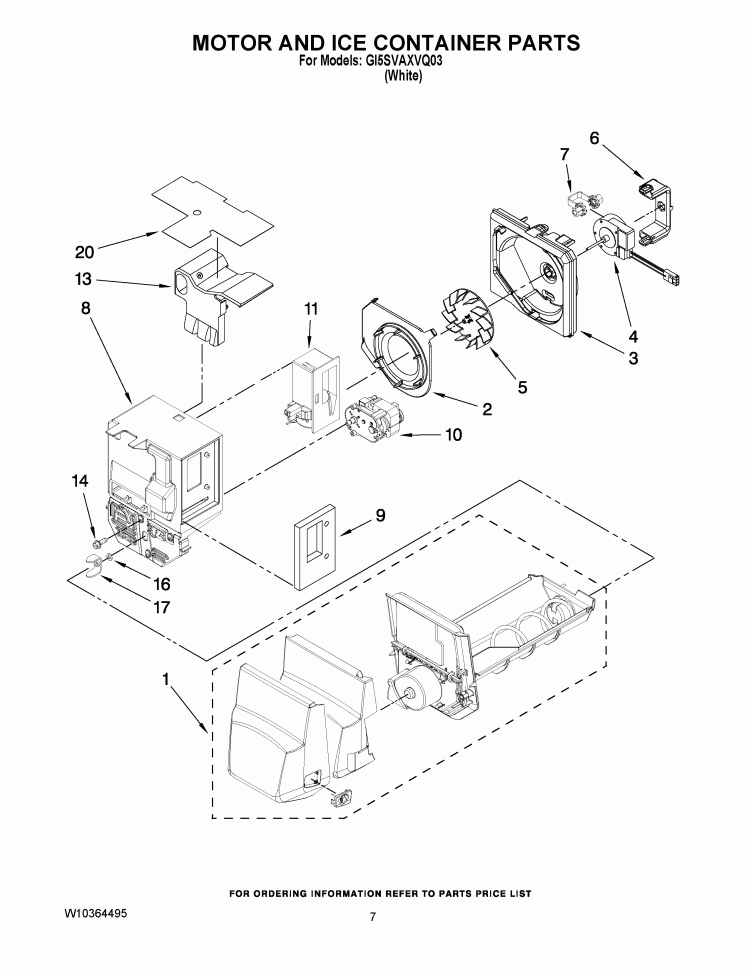 MOTOR AND ICE CONTAINER PARTS Diagram and Parts List for GI5SVAXVQ03  Whirlpool Refrigerator