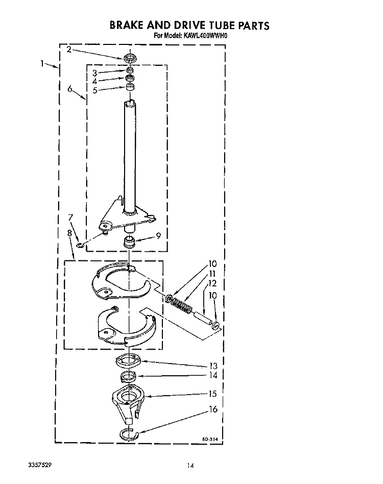 BRAKE AND DRIVE TUBE Diagram and Parts List for KAWL400WWH0  KitchenAid Washer