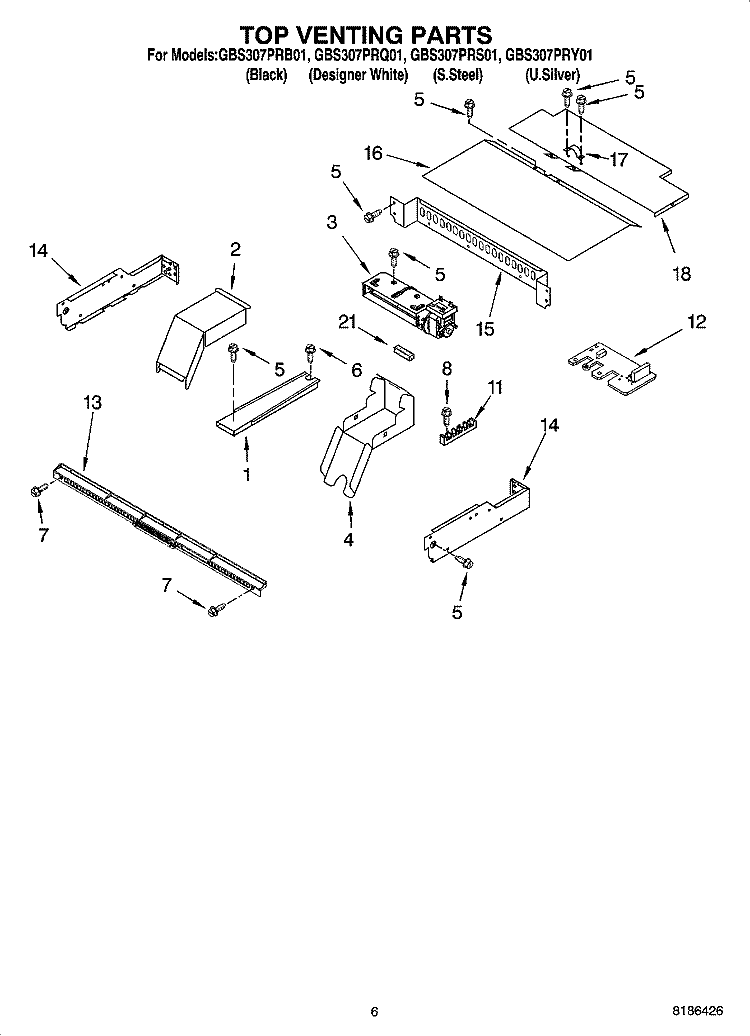 TOP VENTING PARTS, OPTIONAL PARTS Diagram and Parts List for GBS307PRB01  Whirlpool Wall Oven