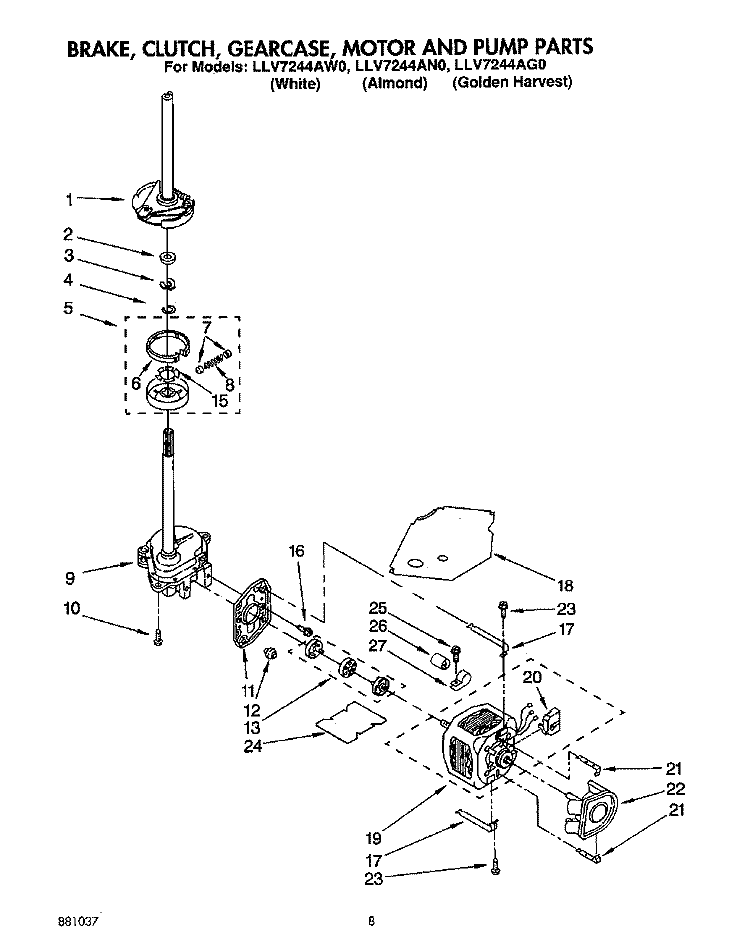 BRAKE, CLUTCH, GEARCASE, MOTOR AND PUMP Diagram and Parts List for LLV7244AW0  Whirlpool Washer