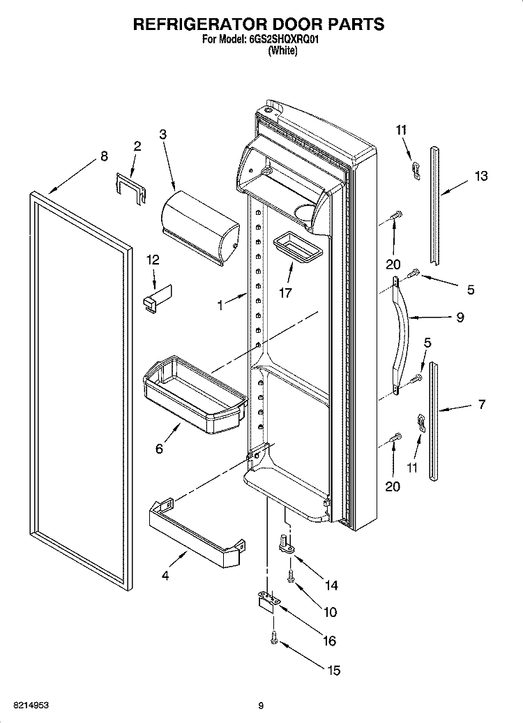 REFRIGERATOR DOOR PARTS Diagram and Parts List for 6GS2SHQXRQ01  Whirlpool Refrigerator
