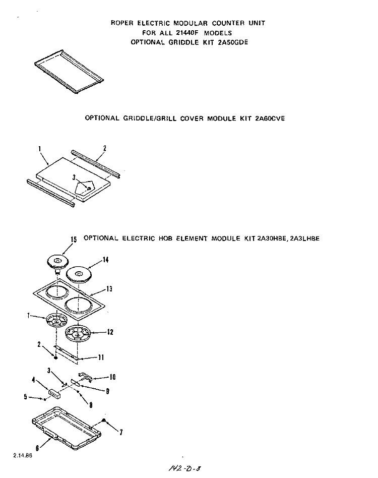GRIDDLE , GRIDDLE/GRILL COVER Diagram and Parts List for 2144W0F  Roper Range