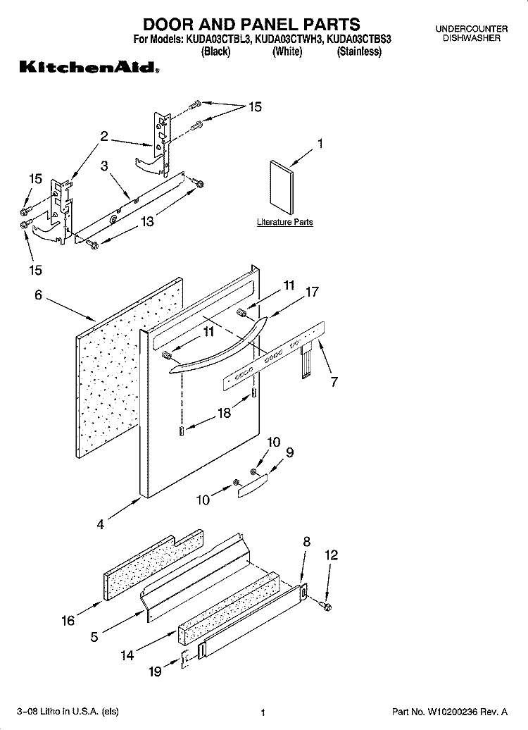 DOOR AND PANEL PARTS Diagram and Parts List for KUDA03CTBL3  KitchenAid Dishwasher