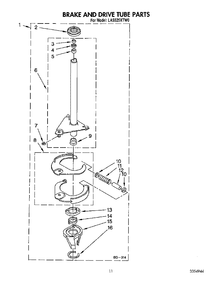 BRAKE AND DRIVE TUBE Diagram and Parts List for LA5525XTN0  Whirlpool Washer