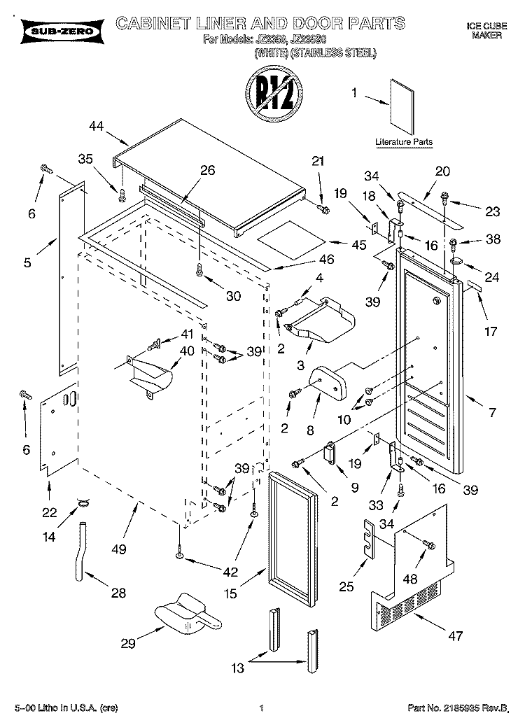 CABINET LINER AND DOOR, LIT/OPTIONAL Diagram and Parts List for JZ235S0  Whirlpool Ice Maker