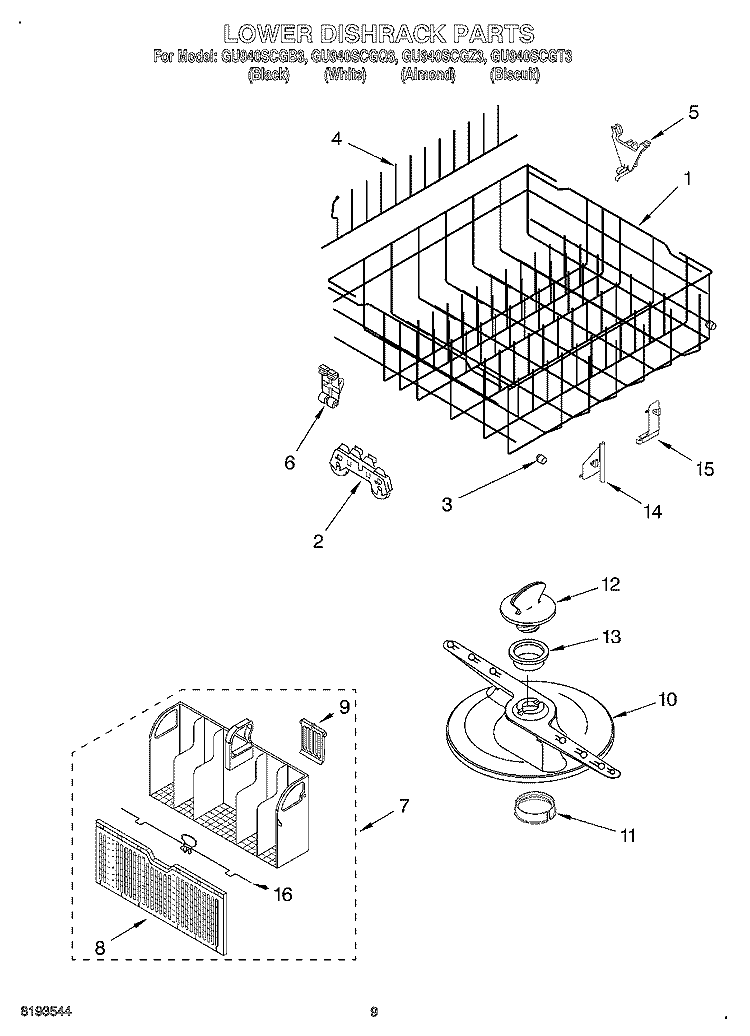 LOWER DISHRACK Diagram and Parts List for GU940SCGB3  Whirlpool Dishwasher