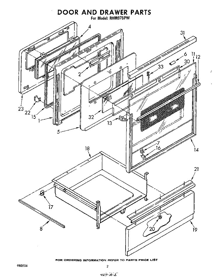 DOOR AND DRAWER Diagram and Parts List for RHM975PW  Whirlpool Range