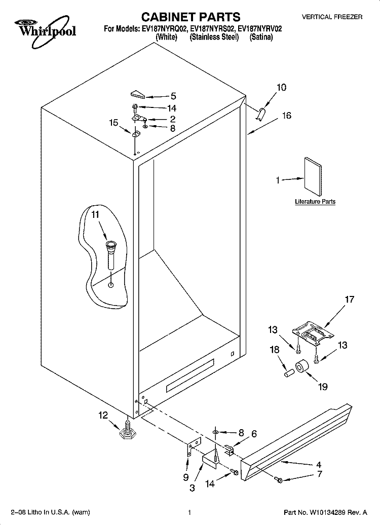 CABINET PARTS Diagram and Parts List for EV187NYRQ02  Whirlpool Freezer