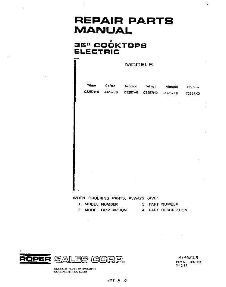 COVER Diagram and Parts List for C3257W0  Roper Range
