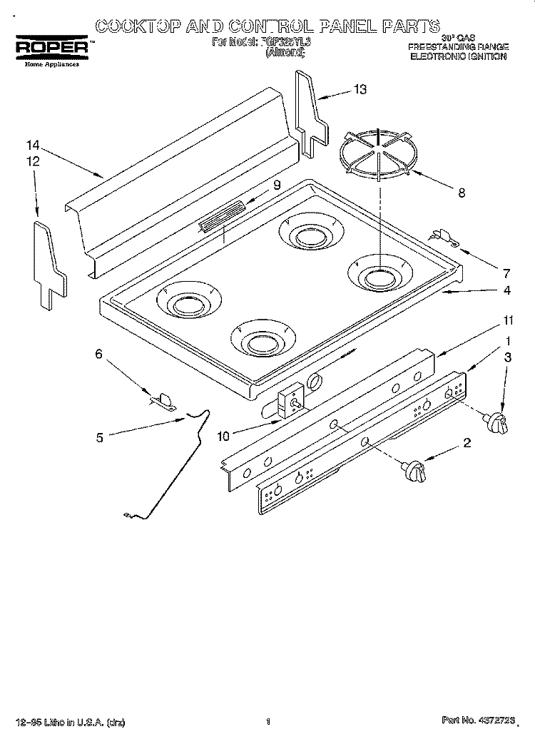 COOKTOP AND CONTROL PANEL, LITERATURE Diagram and Parts List for FGP325YL3  Roper Range