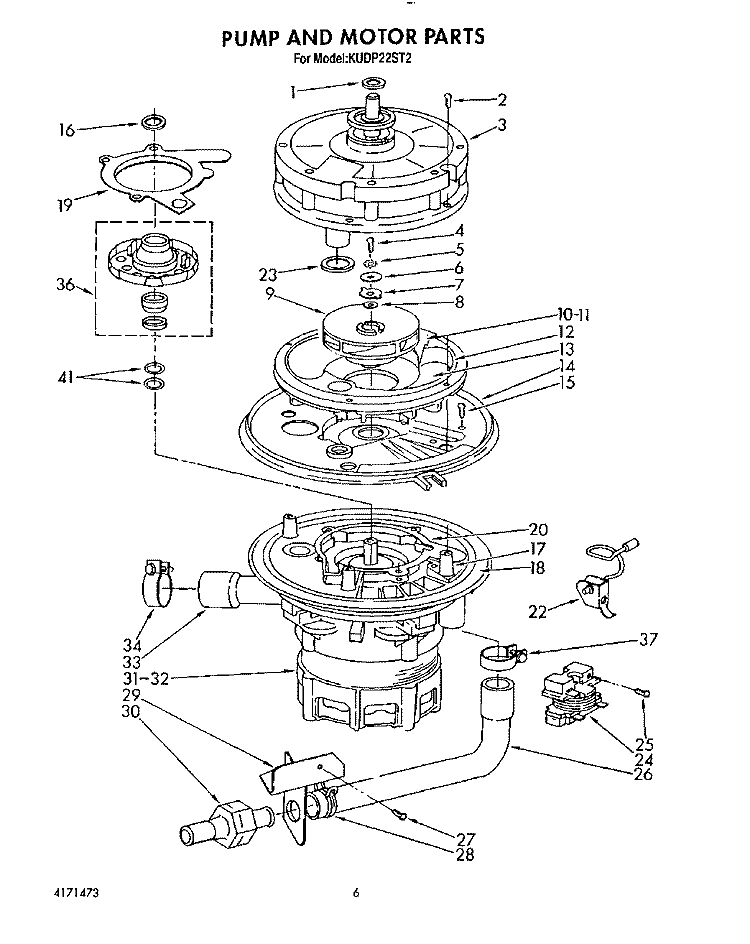PUMP AND MOTOR Diagram and Parts List for KUDP22ST2  KitchenAid Dishwasher