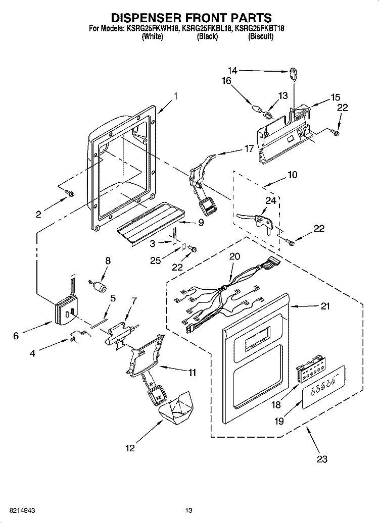 DISPENSER FRONT PARTS Diagram and Parts List for KSRG25FKBL18  KitchenAid Refrigerator