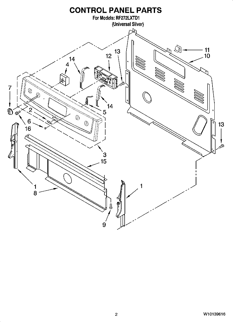 CONTROL PANEL PARTS Diagram and Parts List for RF272LXTD1  Whirlpool Range