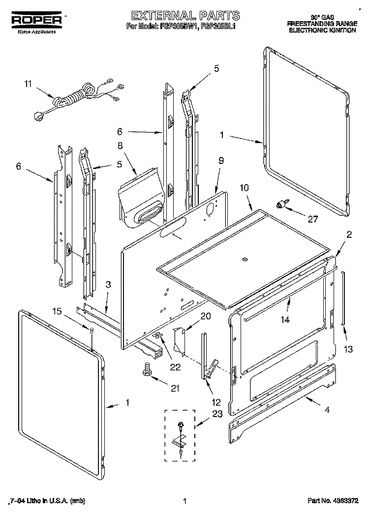 EXTERNAL Diagram and Parts List for FGP305BW1  Roper Range