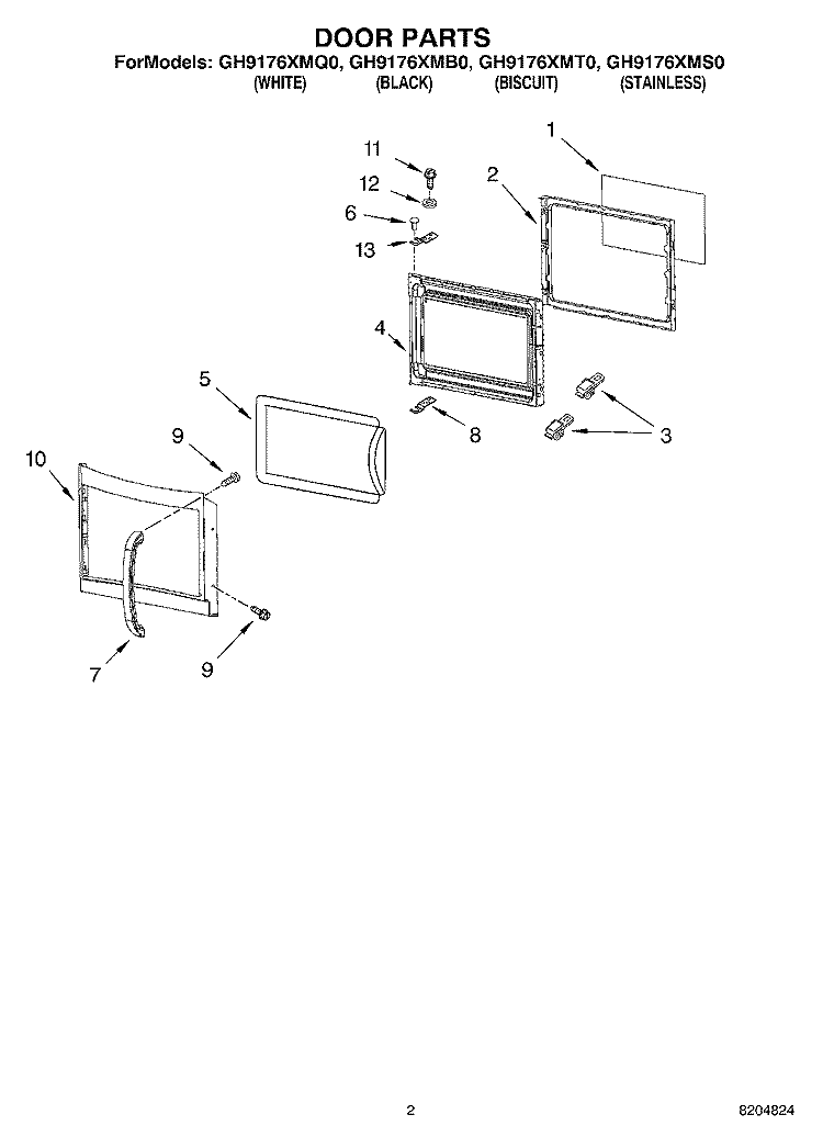 DOOR PARTS Diagram and Parts List for GH9176XMS0  Whirlpool Microwave