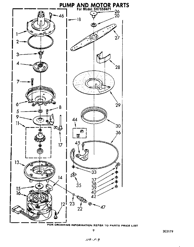 PUMP AND MOTOR Diagram and Parts List for SHF5584P1  Whirlpool Dishwasher