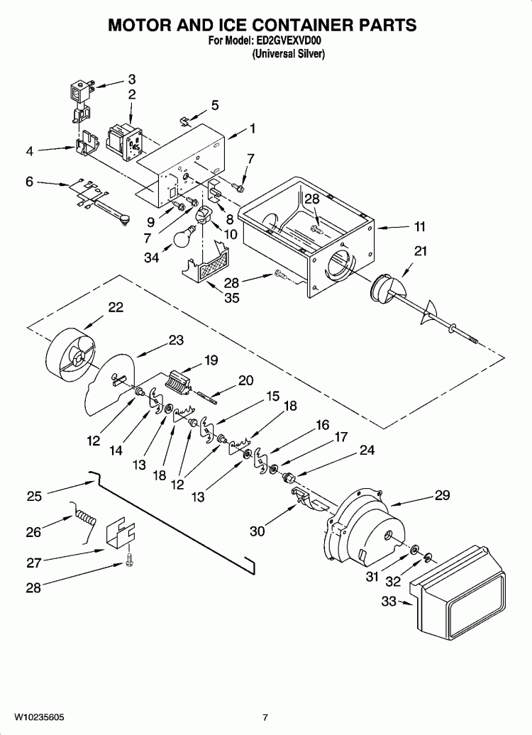 MOTOR AND ICE CONTAINER PARTS Diagram and Parts List for ED2GVEXVD00  Whirlpool Refrigerator