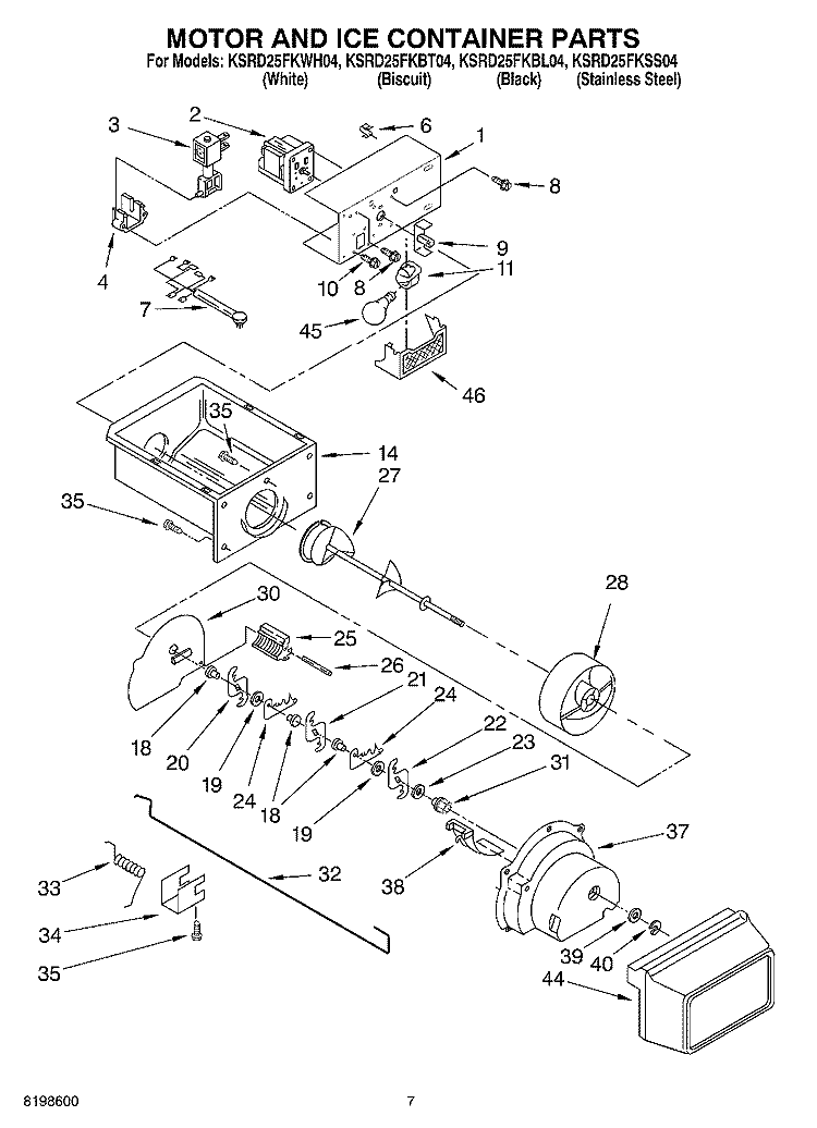 MOTOR AND ICE CONTAINER PARTS Diagram and Parts List for KSRD25FKWH04  KitchenAid Refrigerator