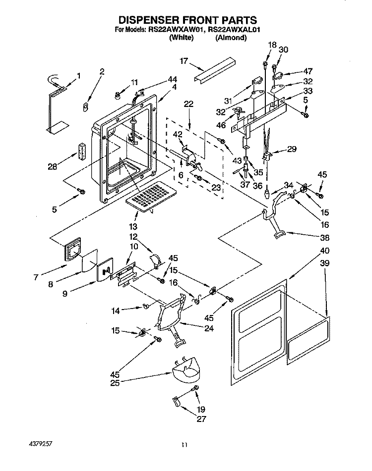 DISPENSER FRONT Diagram and Parts List for RS22AWXAW01  Roper Refrigerator