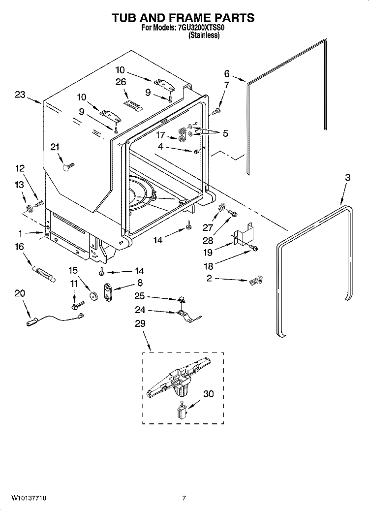 TUB AND FRAME PARTS Diagram and Parts List for 7GU3200XTSS0  Whirlpool Dishwasher