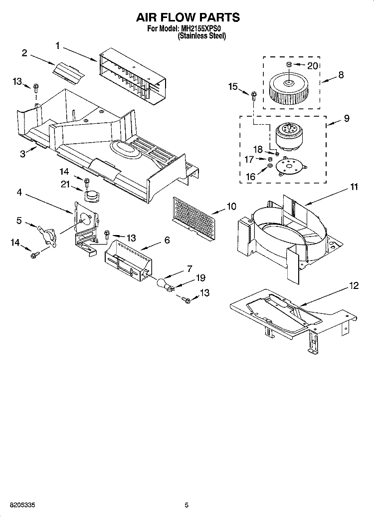 AIR FLOW PARTS Diagram and Parts List for MH2155XPS0  Whirlpool Microwave