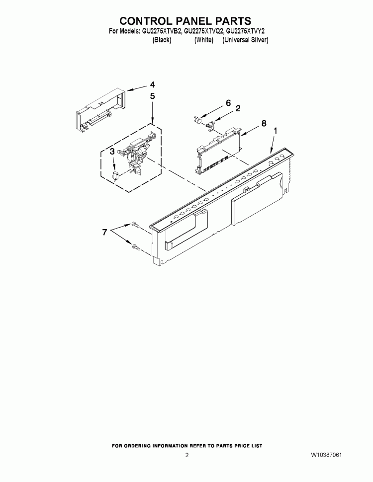 CONTROL PANEL PARTS Diagram and Parts List for GU2275XTVB2  Whirlpool Dishwasher