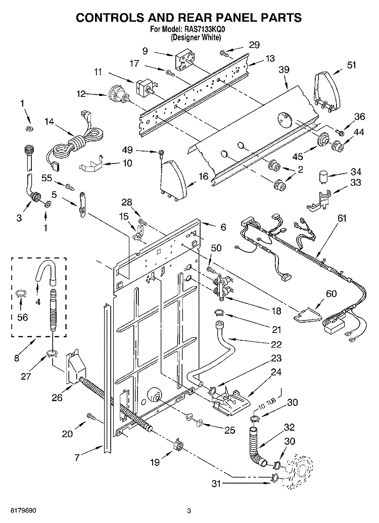 CONTROLS AND REAR PANEL Diagram and Parts List for RAS7133KQ0  Roper Washer