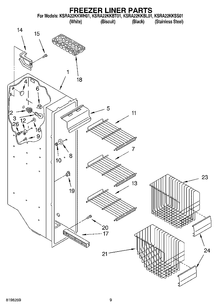 FREEZER LINER Diagram and Parts List for KSRA22KKWH01  KitchenAid Refrigerator