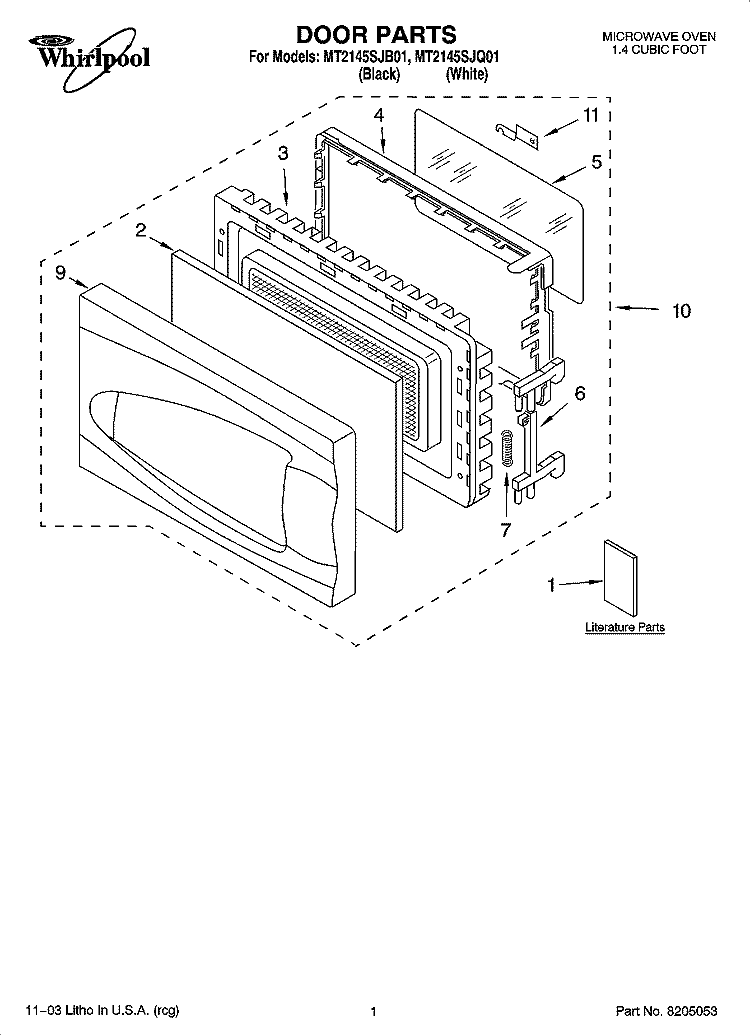 DOOR PARTS Diagram and Parts List for MT2145SJQ01  Whirlpool Microwave