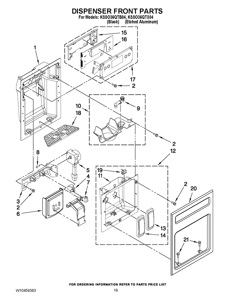 DISPENSER FRONT PARTS Diagram and Parts List for KSSO36QTB04  KitchenAid Refrigerator