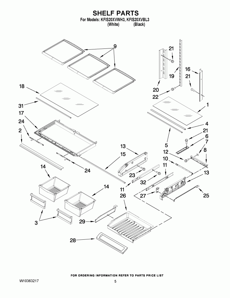 SHELF PARTS Diagram and Parts List for KFIS20XVBL3  KitchenAid Refrigerator