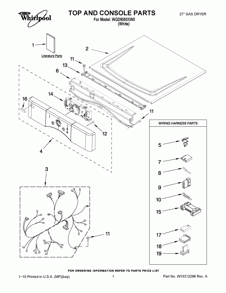 TOP AND CONSOLE PARTS Diagram and Parts List for WGD9050XW0  Whirlpool Dryer