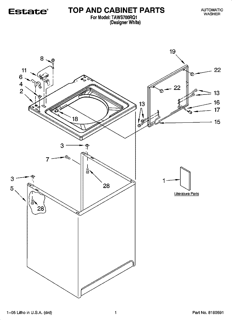 TOP AND CABINET PARTS Diagram and Parts List for TAWS700RQ1  Estate Washer