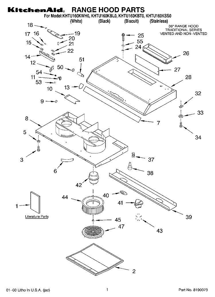 RANGE HOOD PARTS Diagram and Parts List for KHTU160KWH0  KitchenAid Range Hood