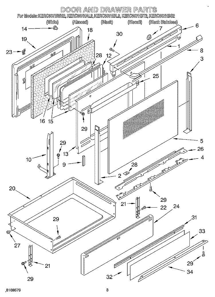 DOOR AND DRAWER Diagram and Parts List for KERC507HAL2  KitchenAid Range