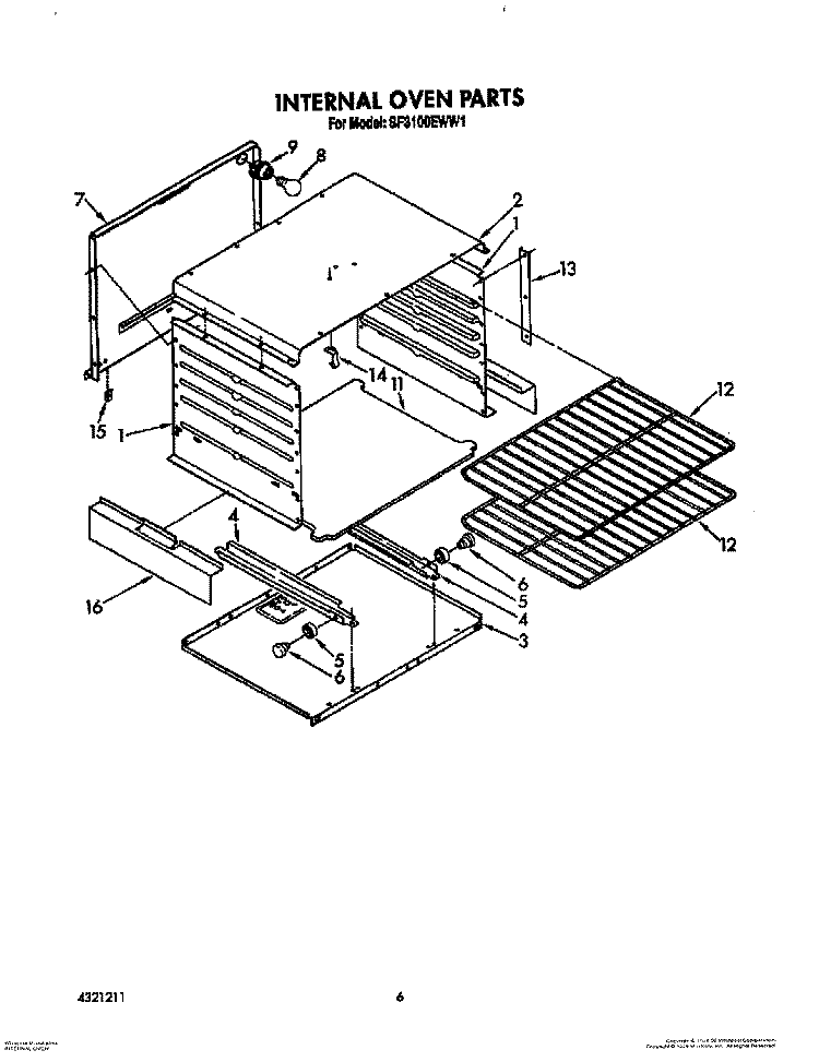 INTERNAL OVEN Diagram and Parts List for SF3100EWN1  Whirlpool Range