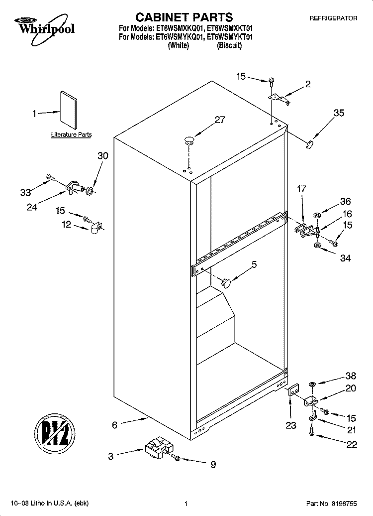 CABINET PARTS Diagram and Parts List for ET6WSMYKT01  Whirlpool Refrigerator