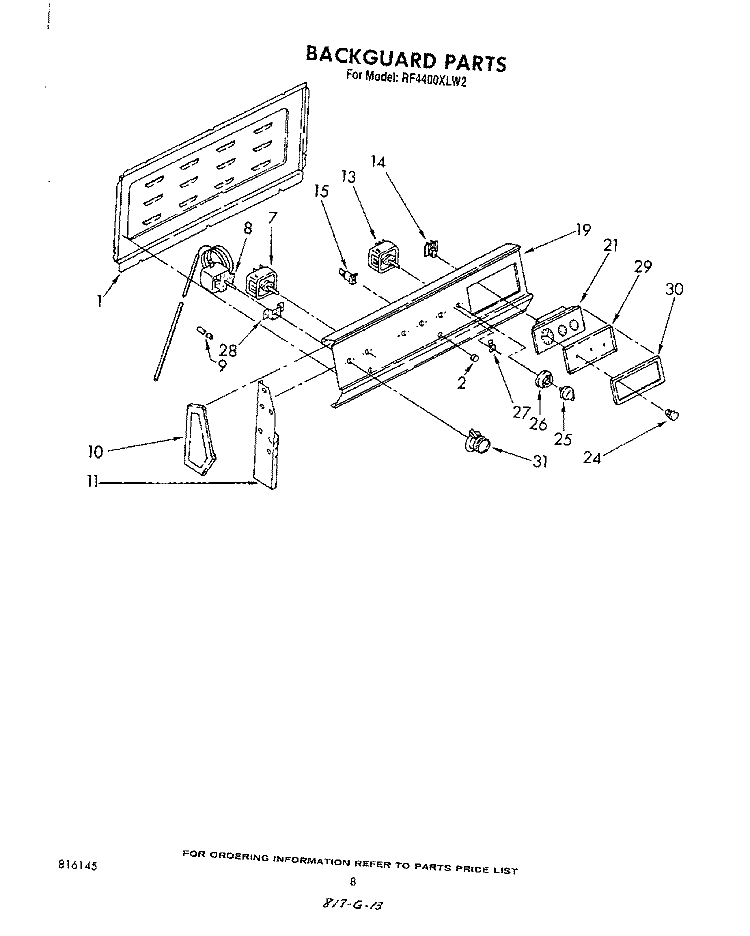 BACKGUARD , LITERATURE AND OPTIONAL Diagram and Parts List for RF4400XLW2  Whirlpool Range